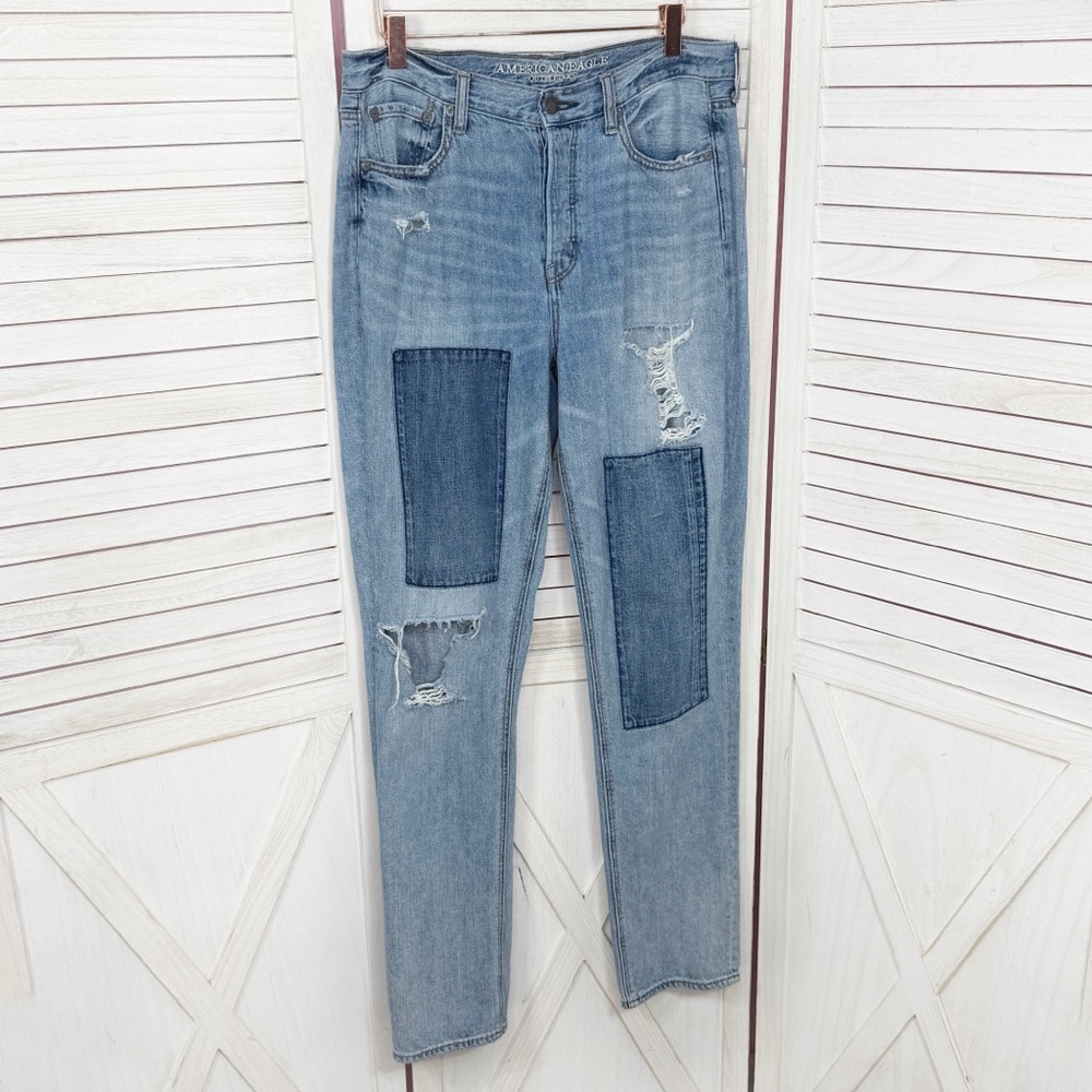 American Eagle Jeans Women 10 Vintage High Rise Slim Distressed Patch Straight‎